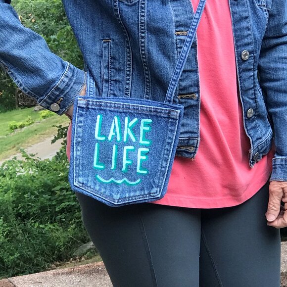 Handmade Crossbody Denim Bag: Painted Lake Life Cell Phone Jean Pocket Purse - Picture 8 of 11